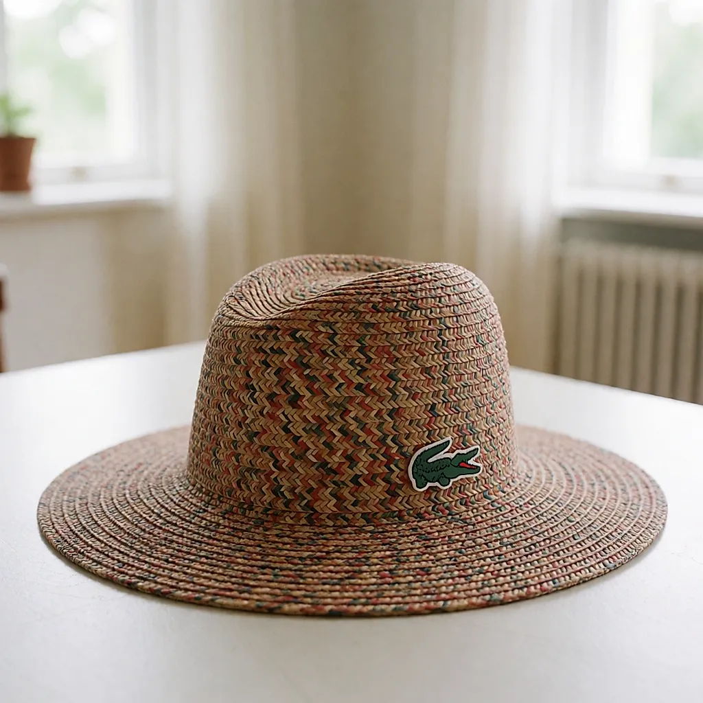 A multicoloured Lacoste straw sun hat with the crocodile emblem
