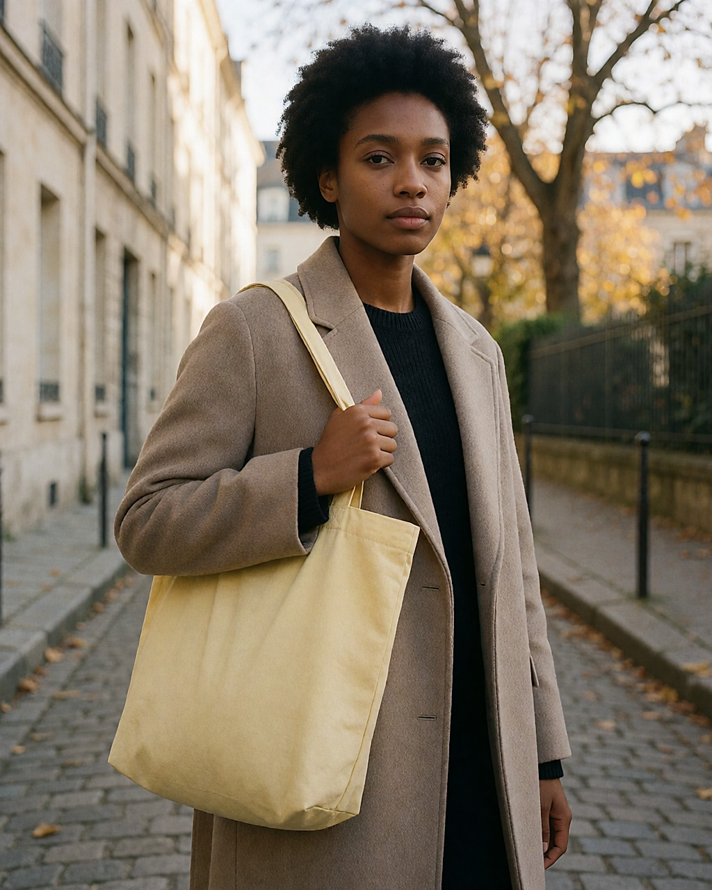 Jeune femme en manteau beige portant un cabas jaune pâle en coton dans la rue