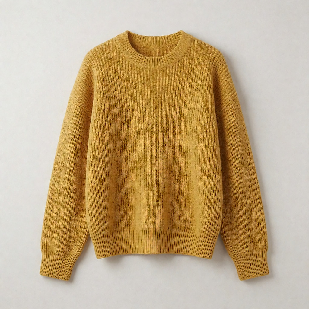 Produktbild inspiriert von einem senfgelben Strickpullover (Rippstrick)