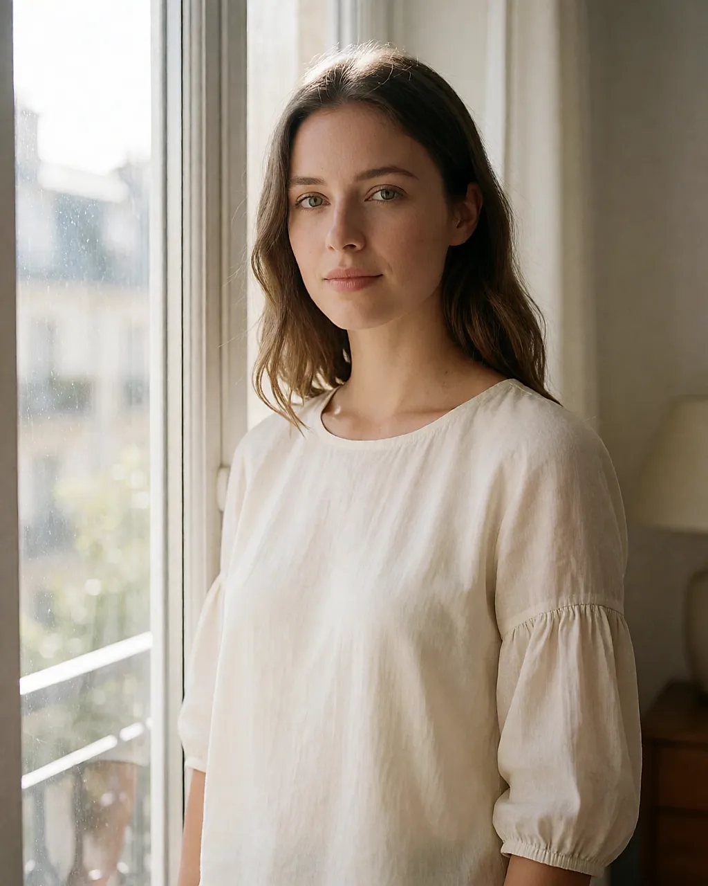 Woman in an ivory blouse with soft sleeves standing by a window