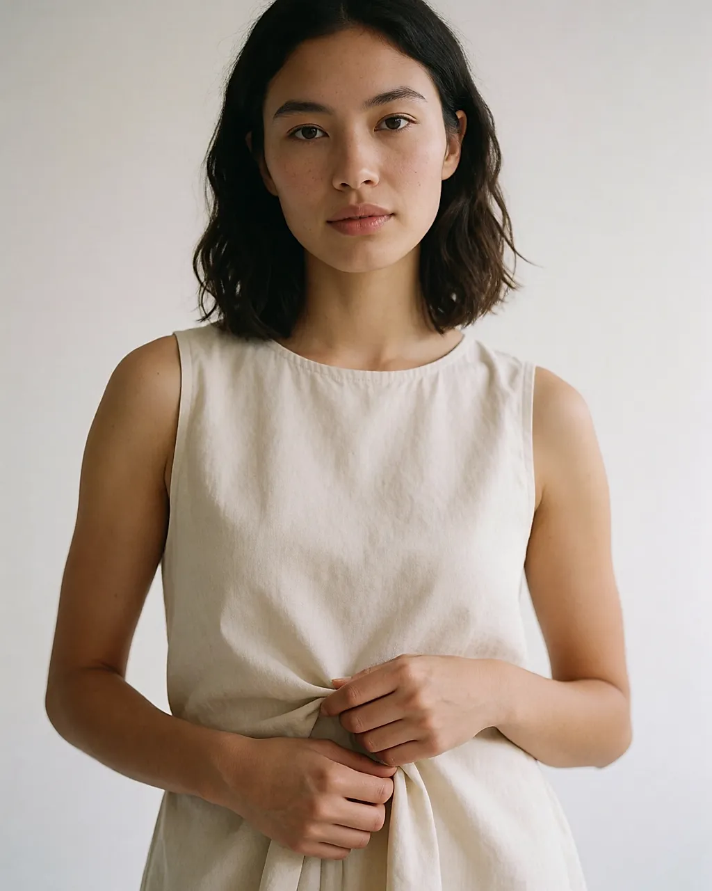 Young woman in a plain cotton top, showing the fabric at the waist