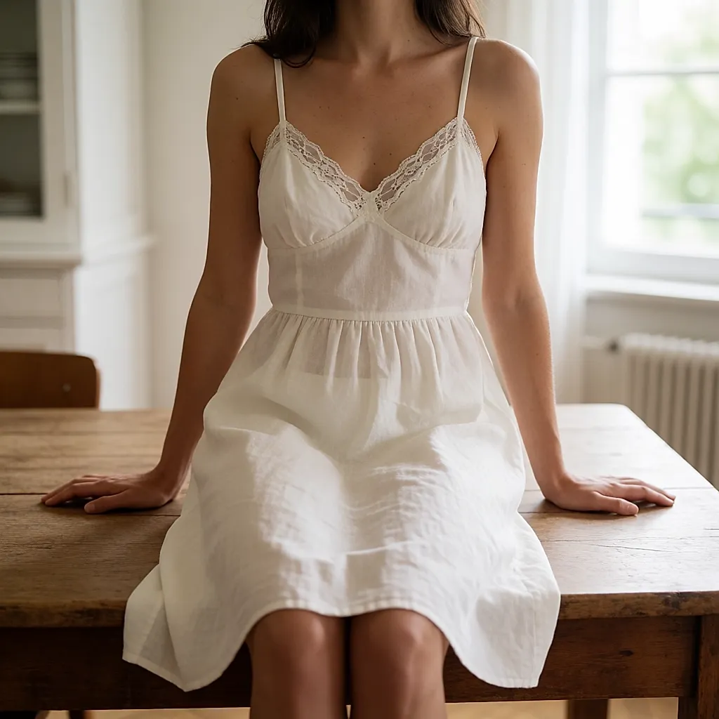Cotton top mended with visible repair stitches on a wooden table