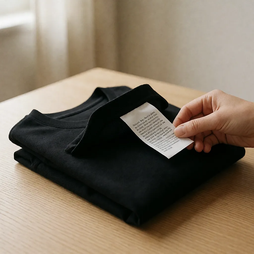 A hand turning over the care label of a black top on a wooden table