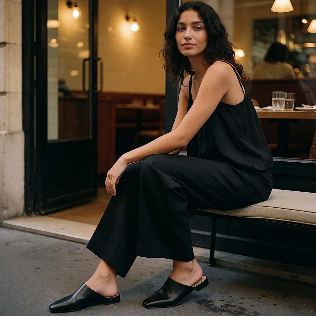 Young woman seated, in a black top with adjustable straps and flat mules