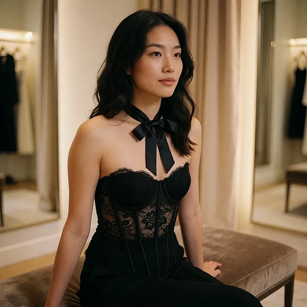 Black lace top with boning worn in a fitting room