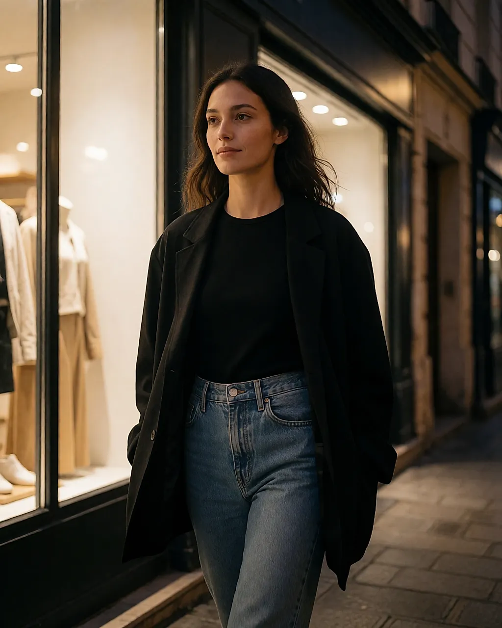 Young woman in a black top, oversized tux jacket and raw jeans on a street at night