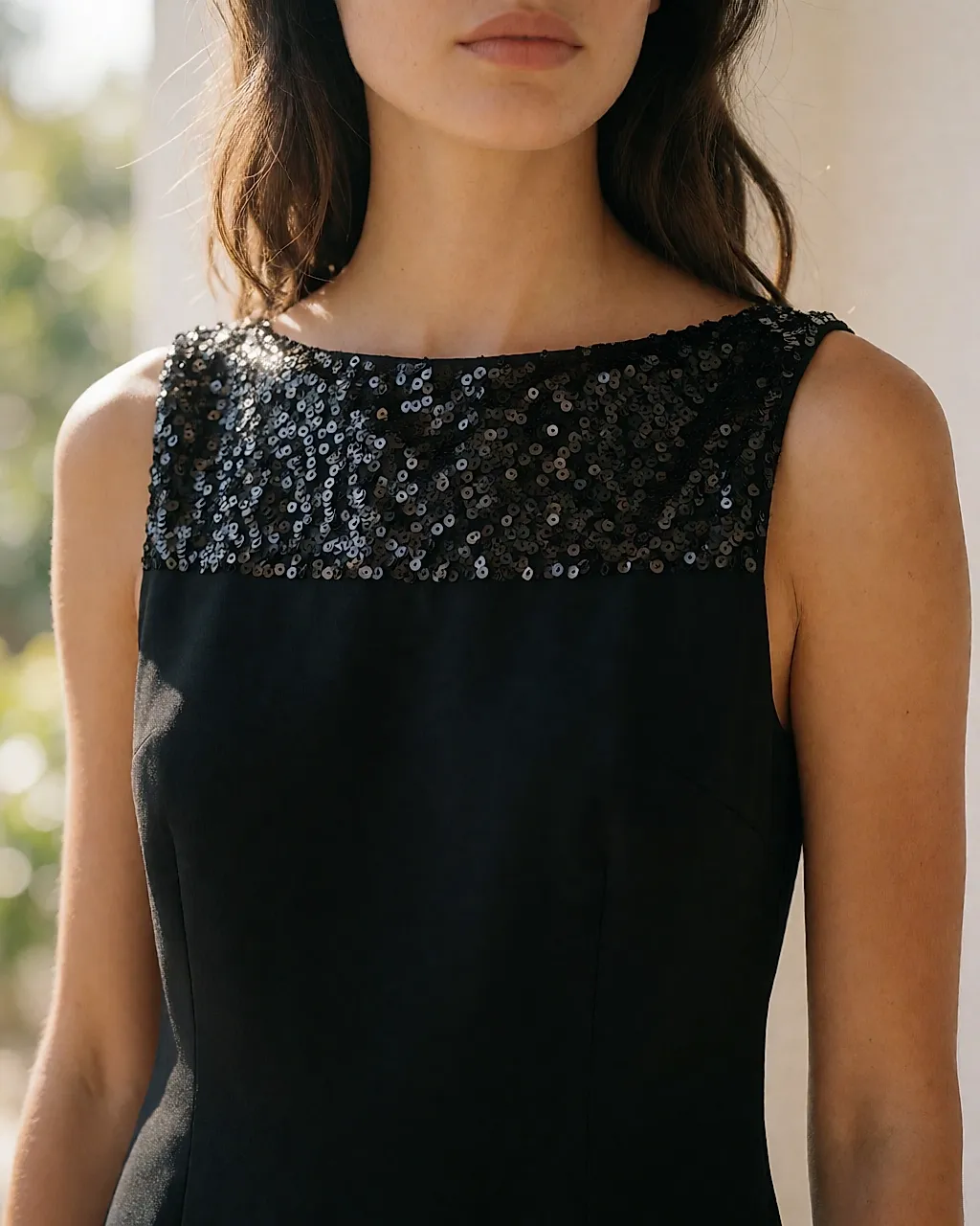 Close-up of a matte black top with a band of embroidered sequins at the neckline