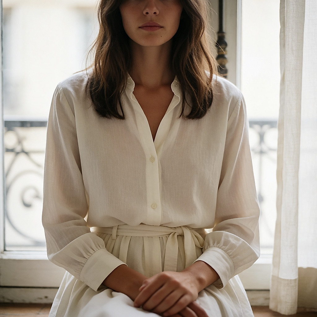 A young woman wears a soft-draping organic cotton piece, cut inspired by the 1970s