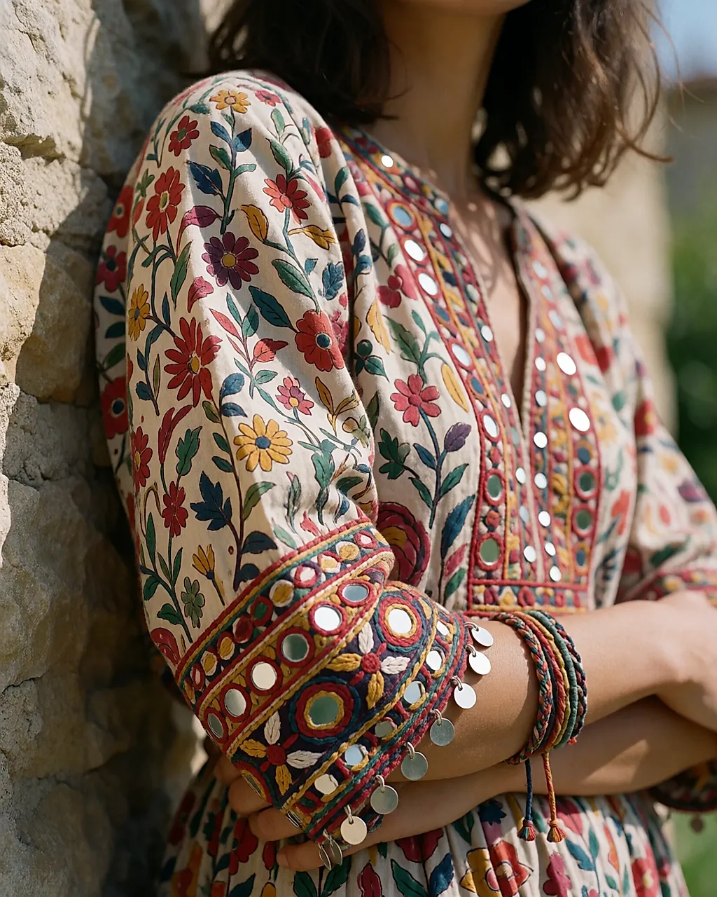 Detalle de una manga con estampado y bordados étnicos multicolores
