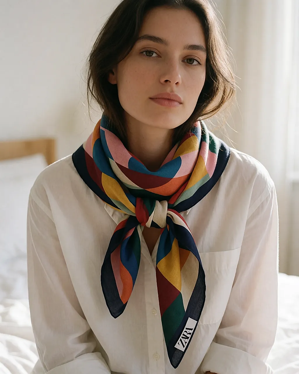 Pañuelo estampado multicolor de Zara anudado sobre una camisa blanca