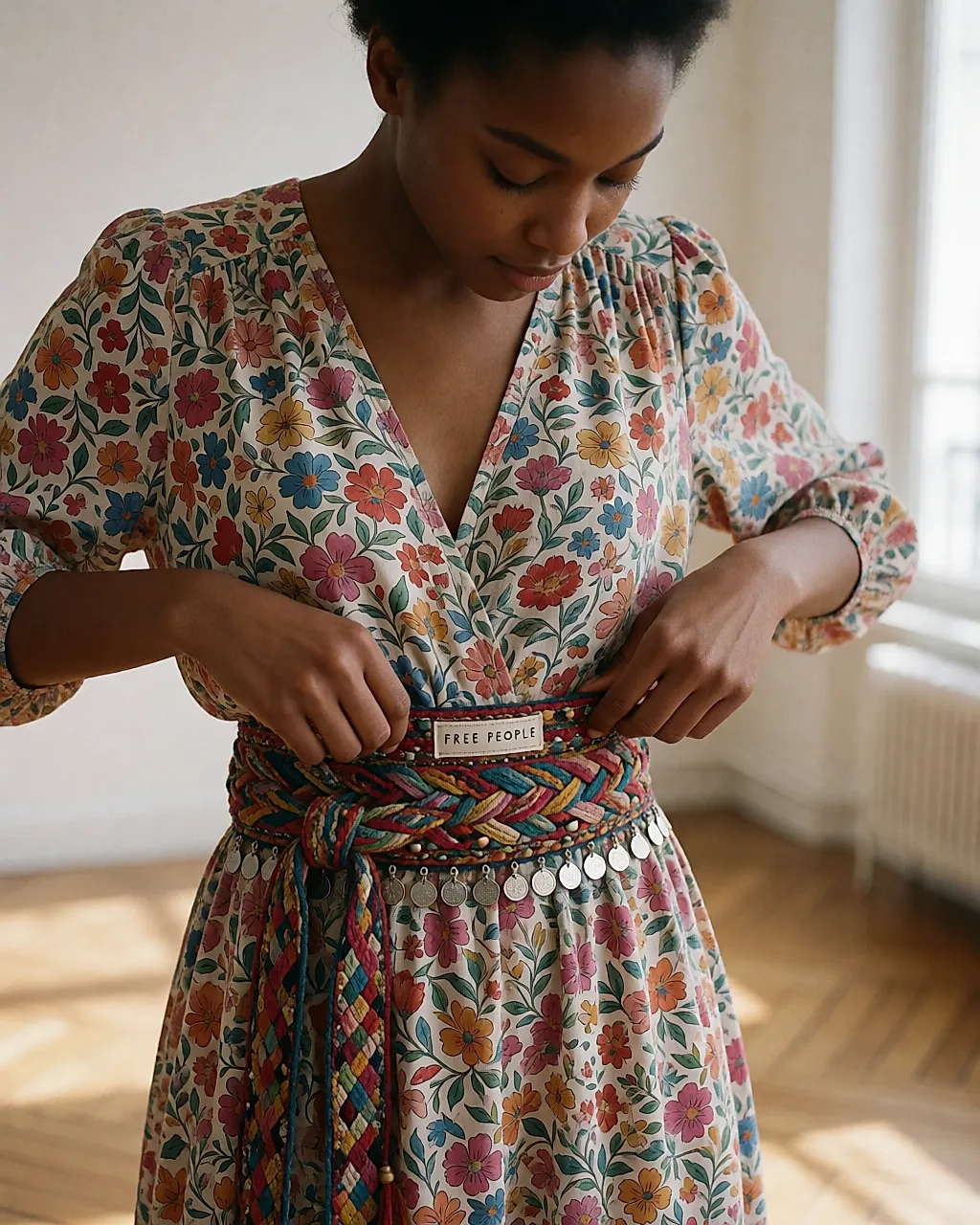 Cinturón bordado de Free People sobre un vestido fruncido en la cintura