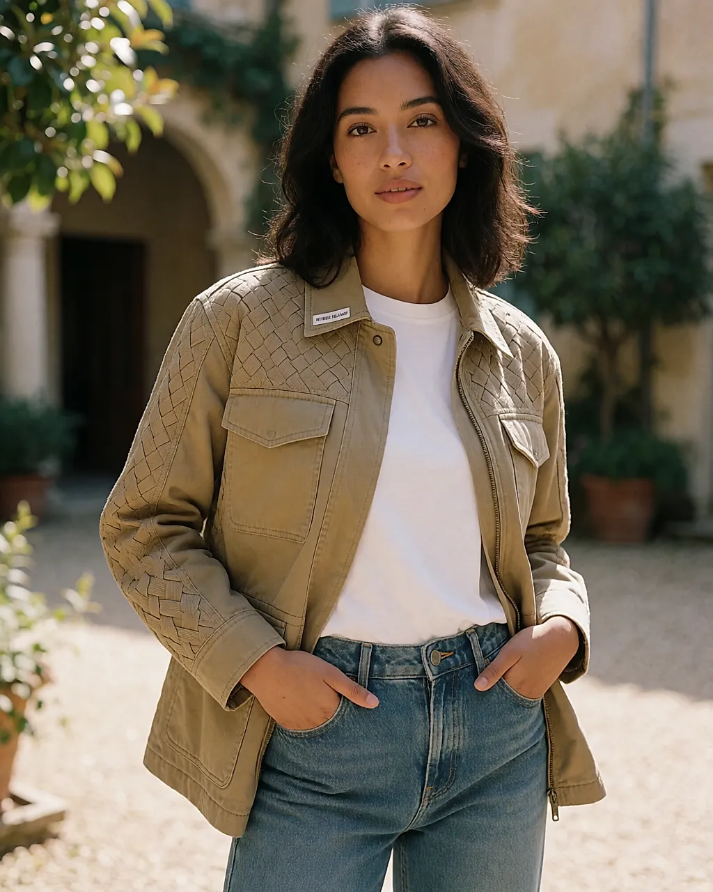 Chaqueta caqui de River Island con aplicaciones de jacquard llevada en exterior