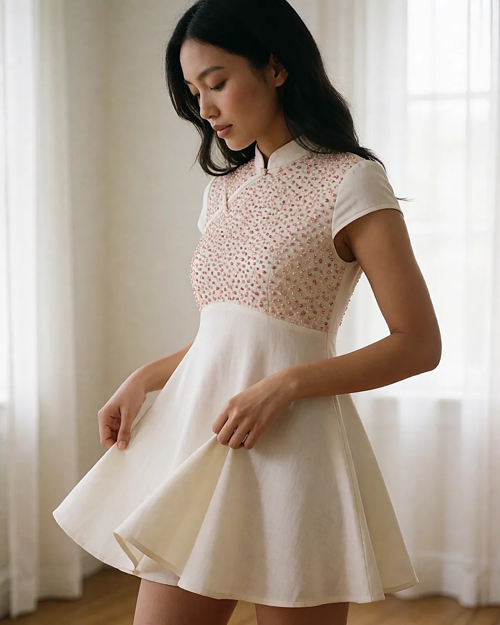 Vestido patinador de Asos bordado con cuentas rosas y doradas, visto de perfil