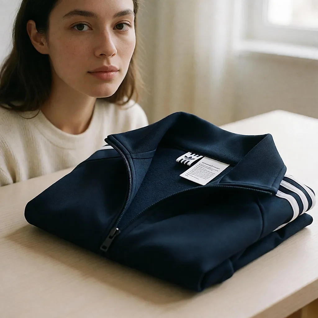 Innenetikett einer Adidas-Sportjacke: Materialzusammensetzung und Pflegehinweise in Kleingedrucktem