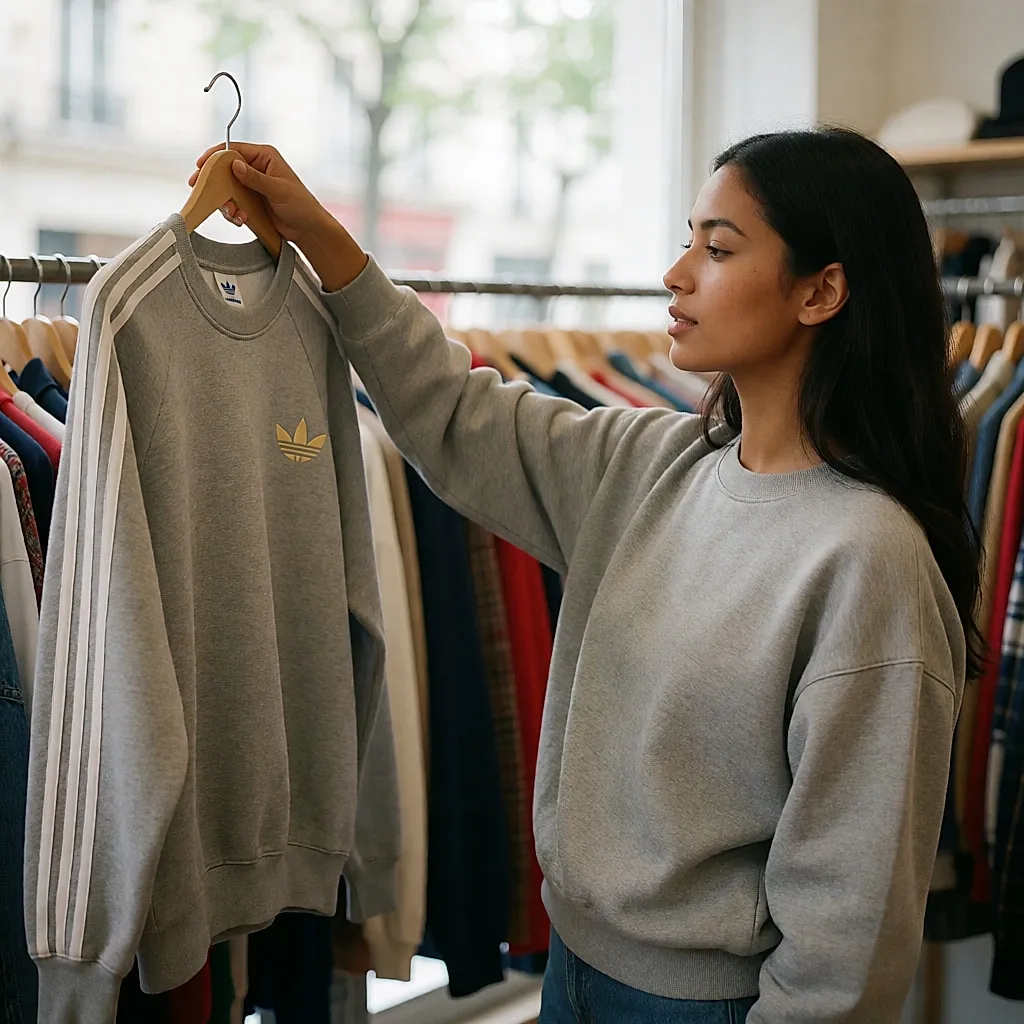 Junge Frau prüft ein Vintage-Adidas-Sweatshirt mit gestickter Krone auf einem Bügel in einem Secondhand-Laden