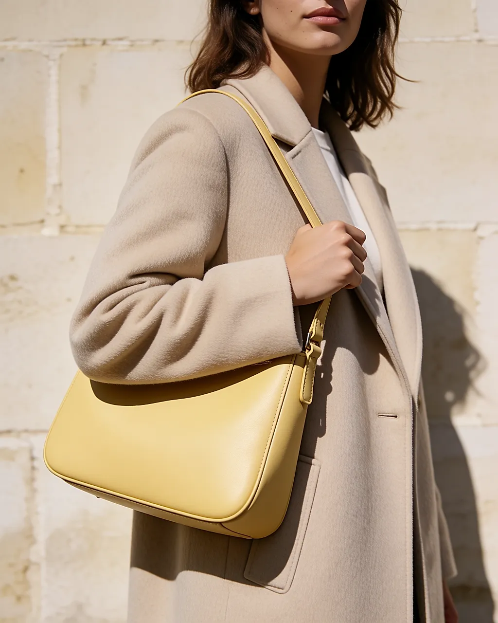 A butter-yellow handbag worn over the shoulder with a beige coat