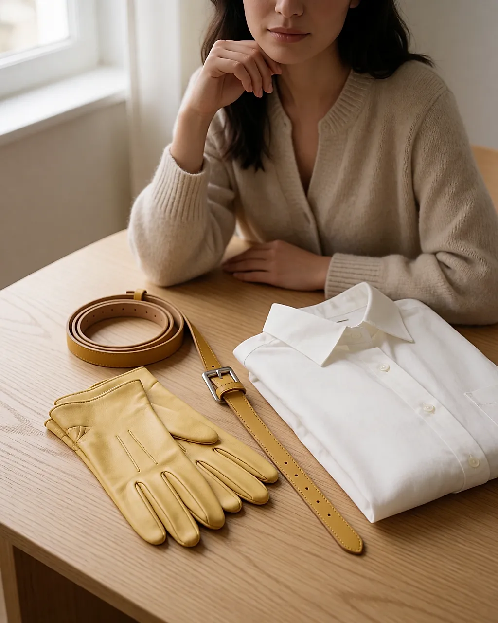 Yellow leather gloves and belt arranged on a light oak table