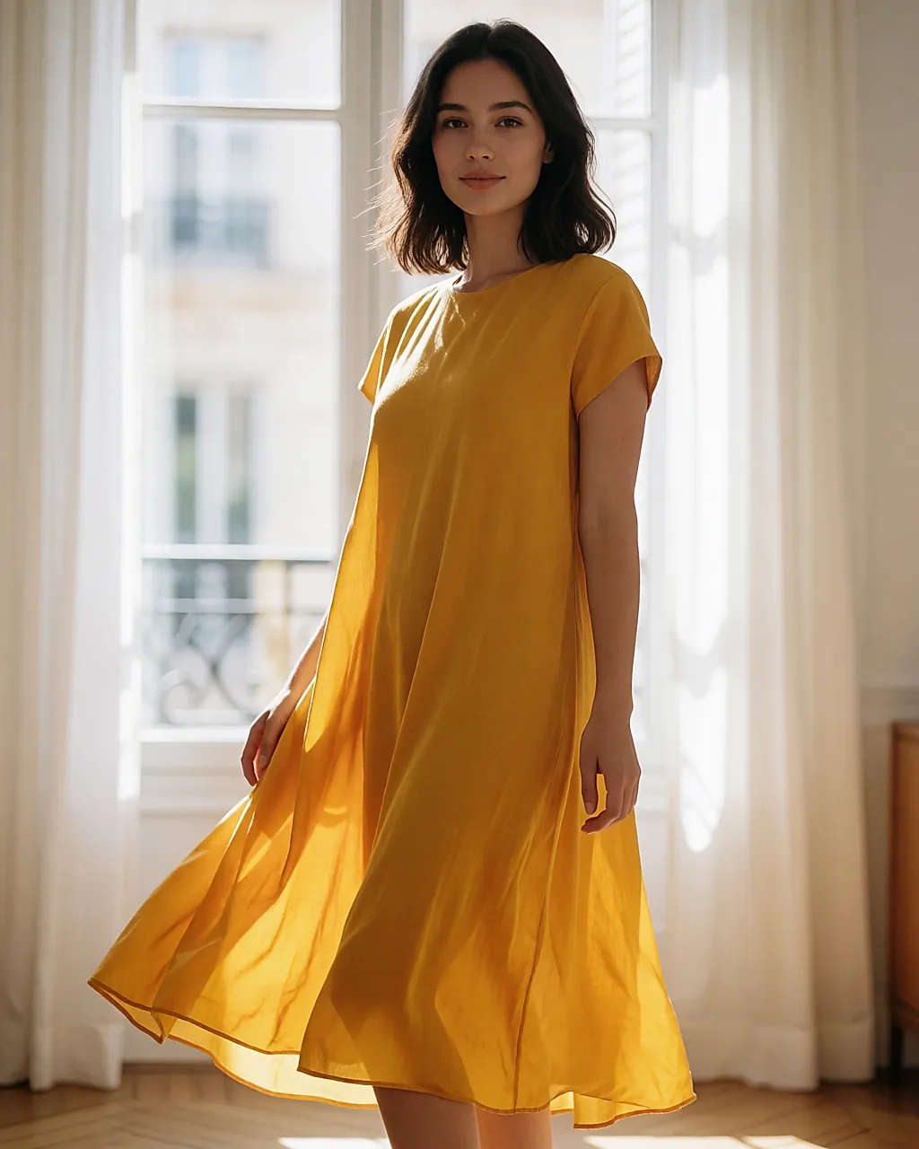 A mustard midi dress worn, slightly in motion