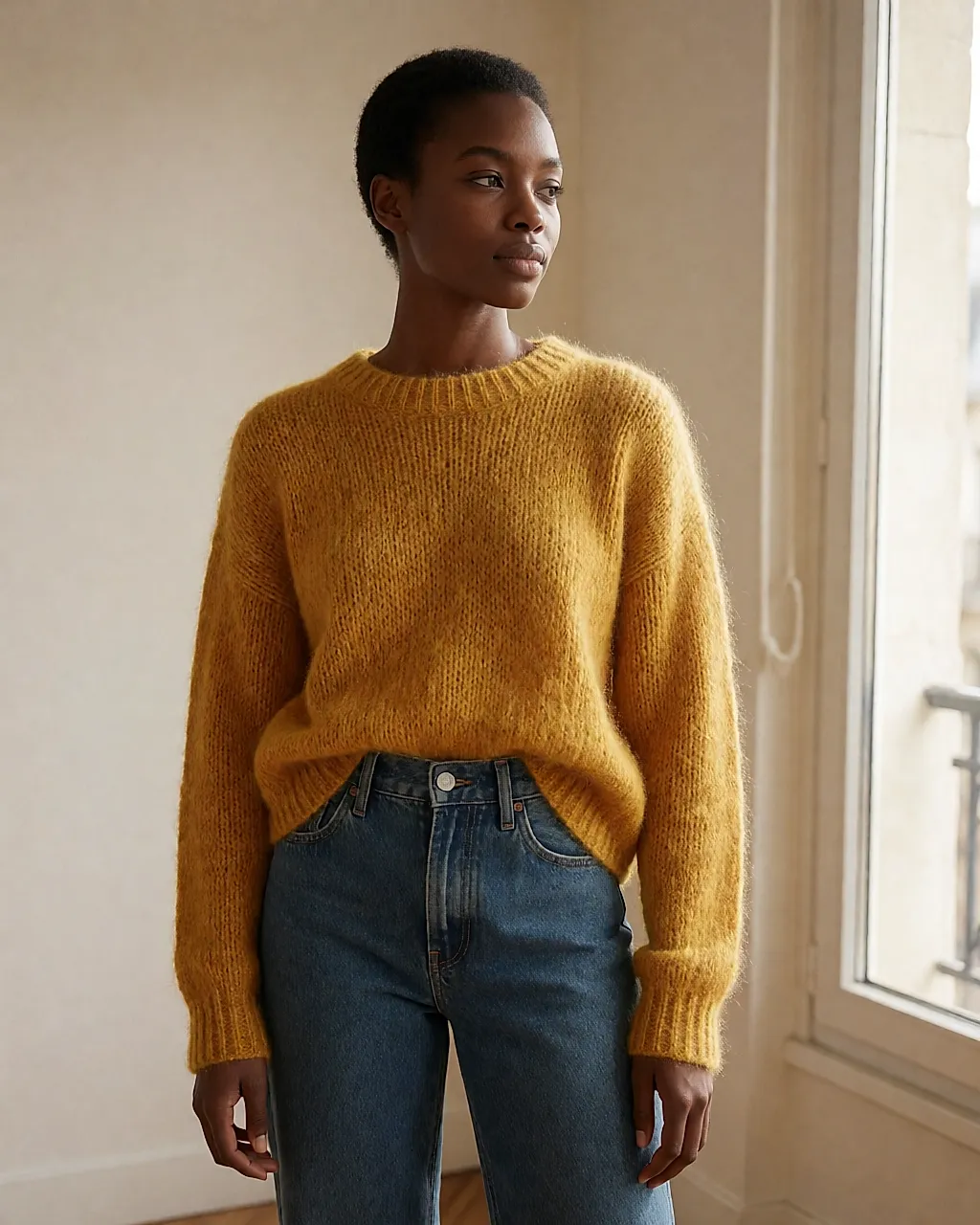 A woman wearing a chunky mustard knit jumper with raw denim jeans