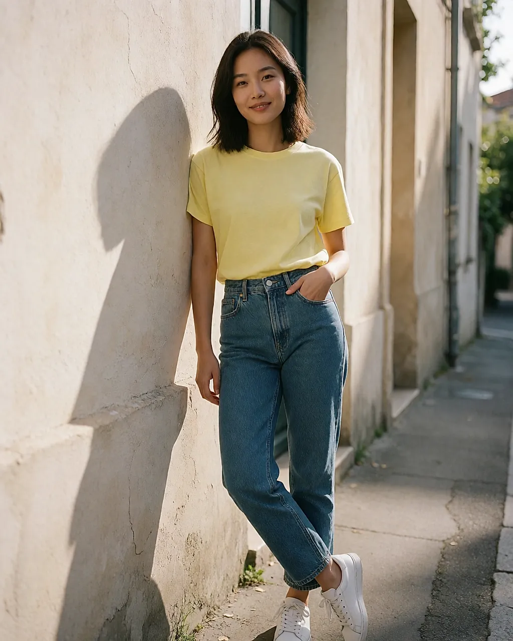 A woman in a lemon-yellow T-shirt and jeans, leaning against a sunlit wall