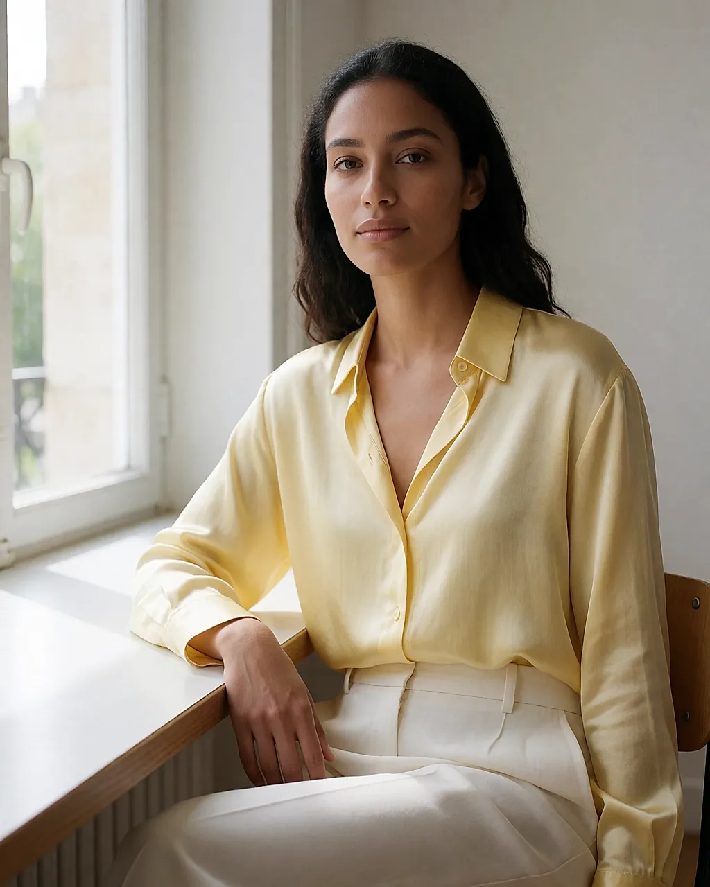 A woman wearing a pale yellow silk shirt near a window