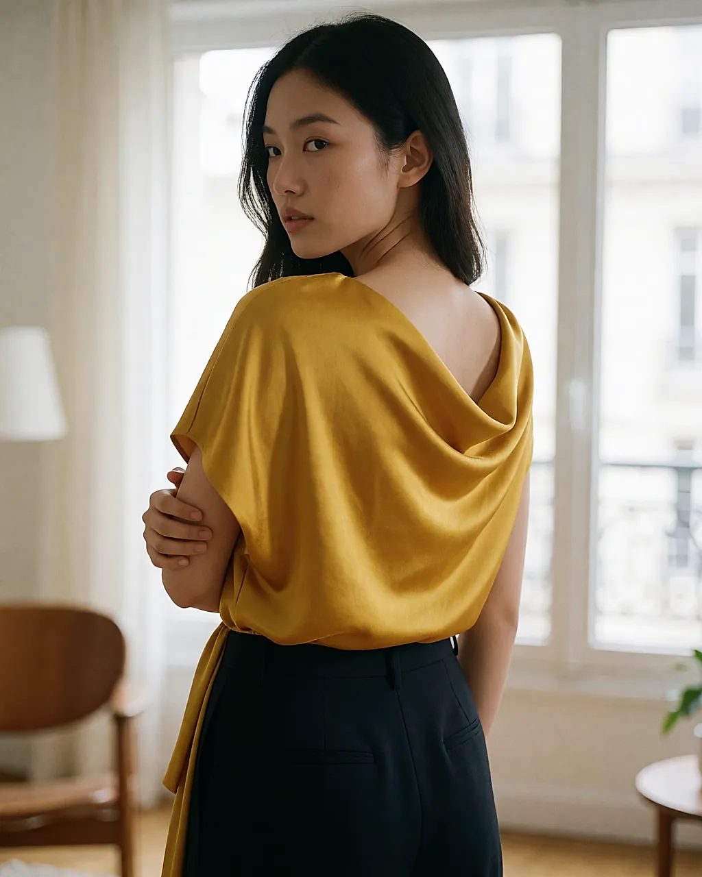 A mustard satin top worn, seen from behind over the shoulder