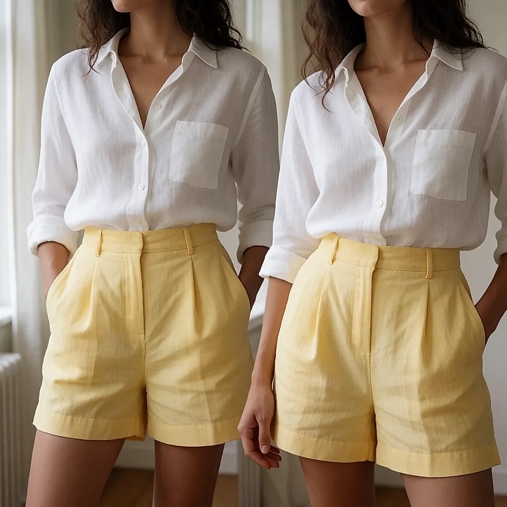 High-waisted butter-yellow shorts worn with a white linen shirt