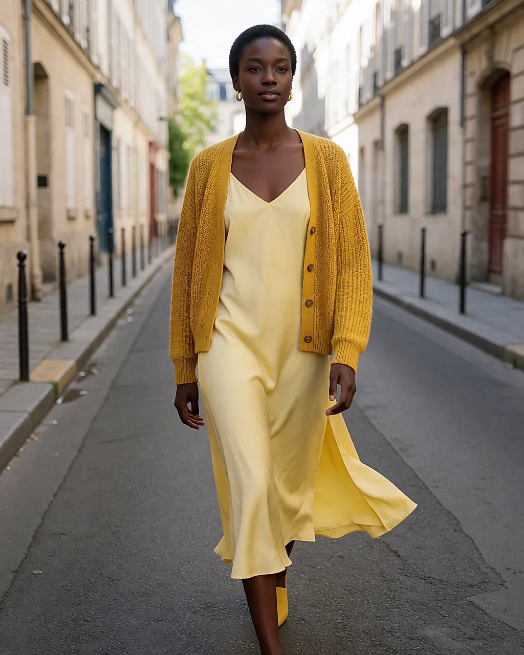 An all-yellow silhouette, from a mustard cardigan to a pale dress