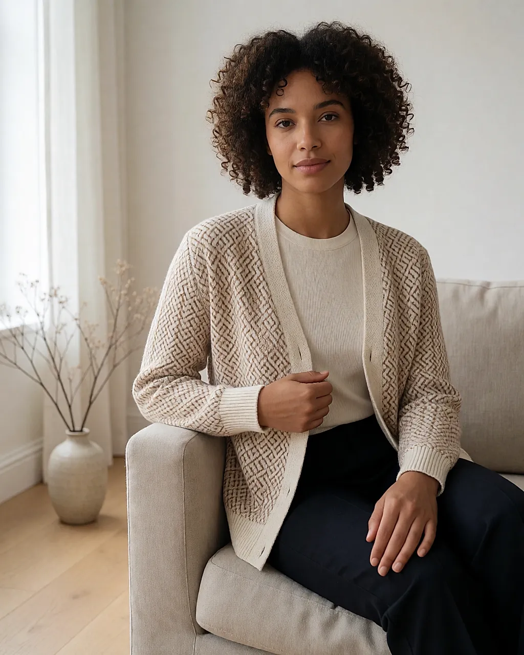 Cárdigan jacquard abierto sobre un top fino, en un salón luminoso
