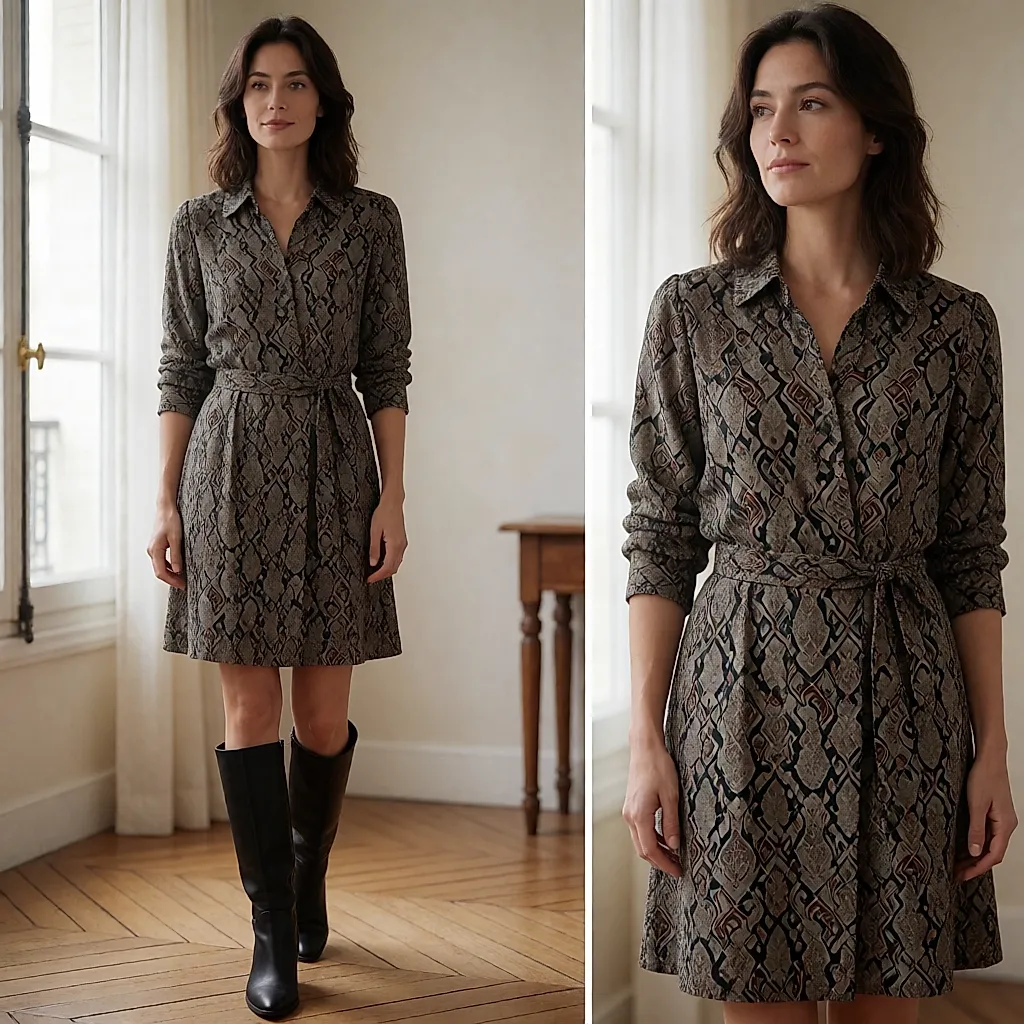 Vestido de punto jacquard con medias opacas y botas altas