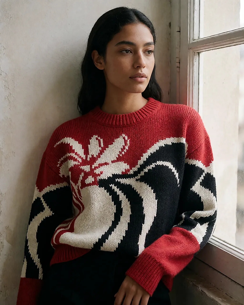 Jersey jacquard de gran motivo gráfico, junto a una ventana