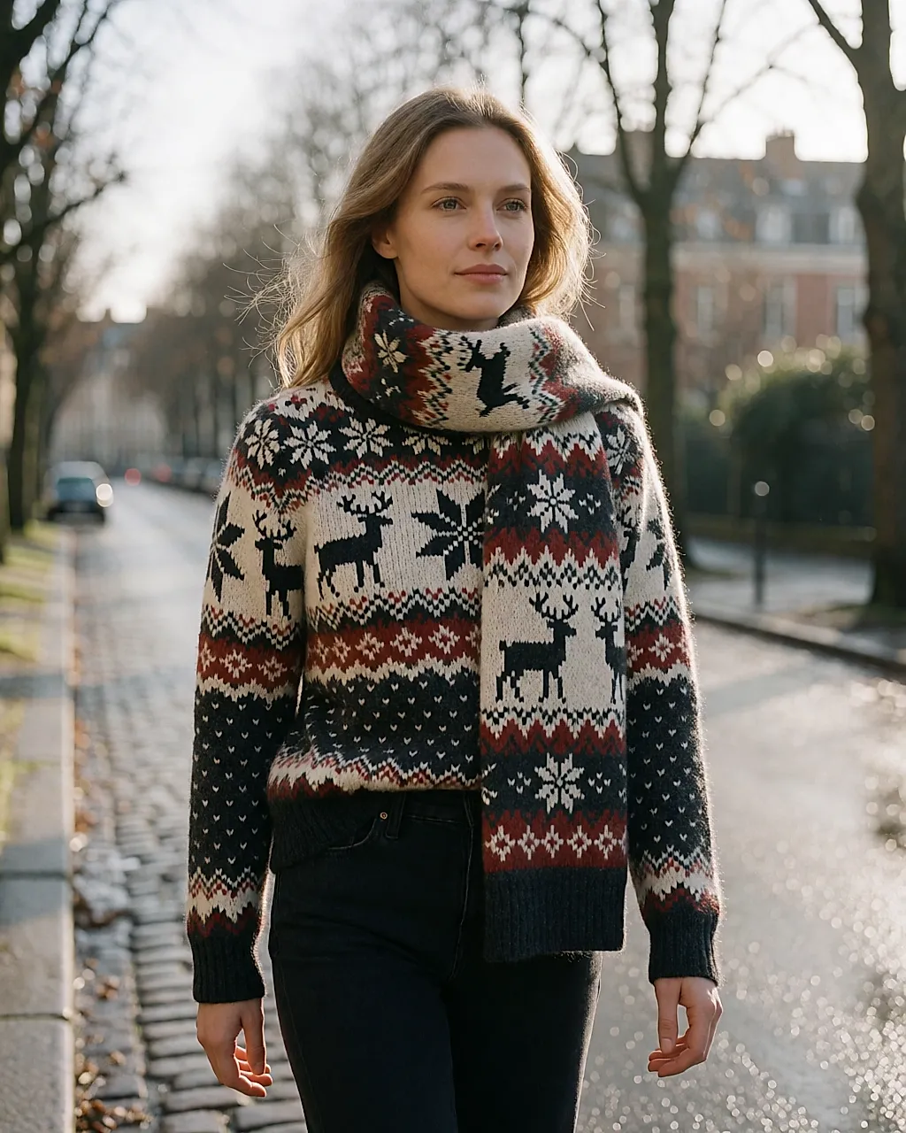 Jersey jacquard nórdico con una larga bufanda de lana