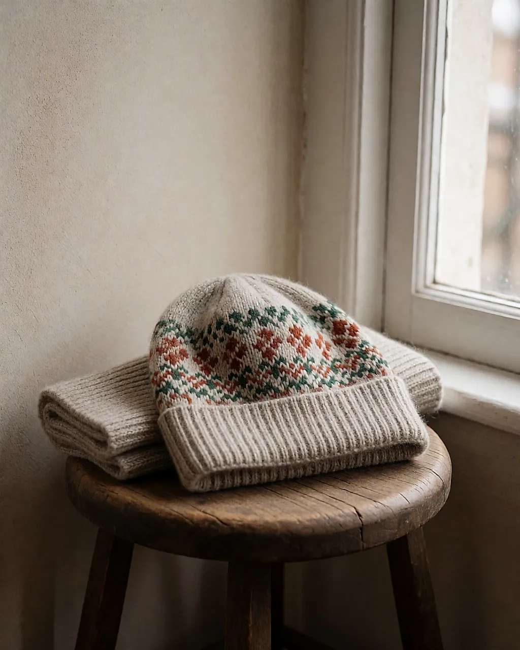 Gorro de lana jacquard sobre un taburete de madera junto a una ventana