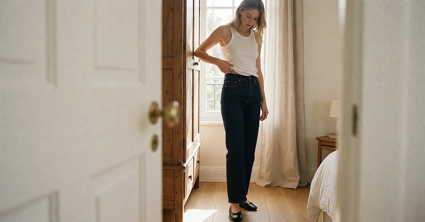 Básicos de moda: top branco canelado, jeans índigo e sabrinas pretas, peças intemporais do guarda-roupa.