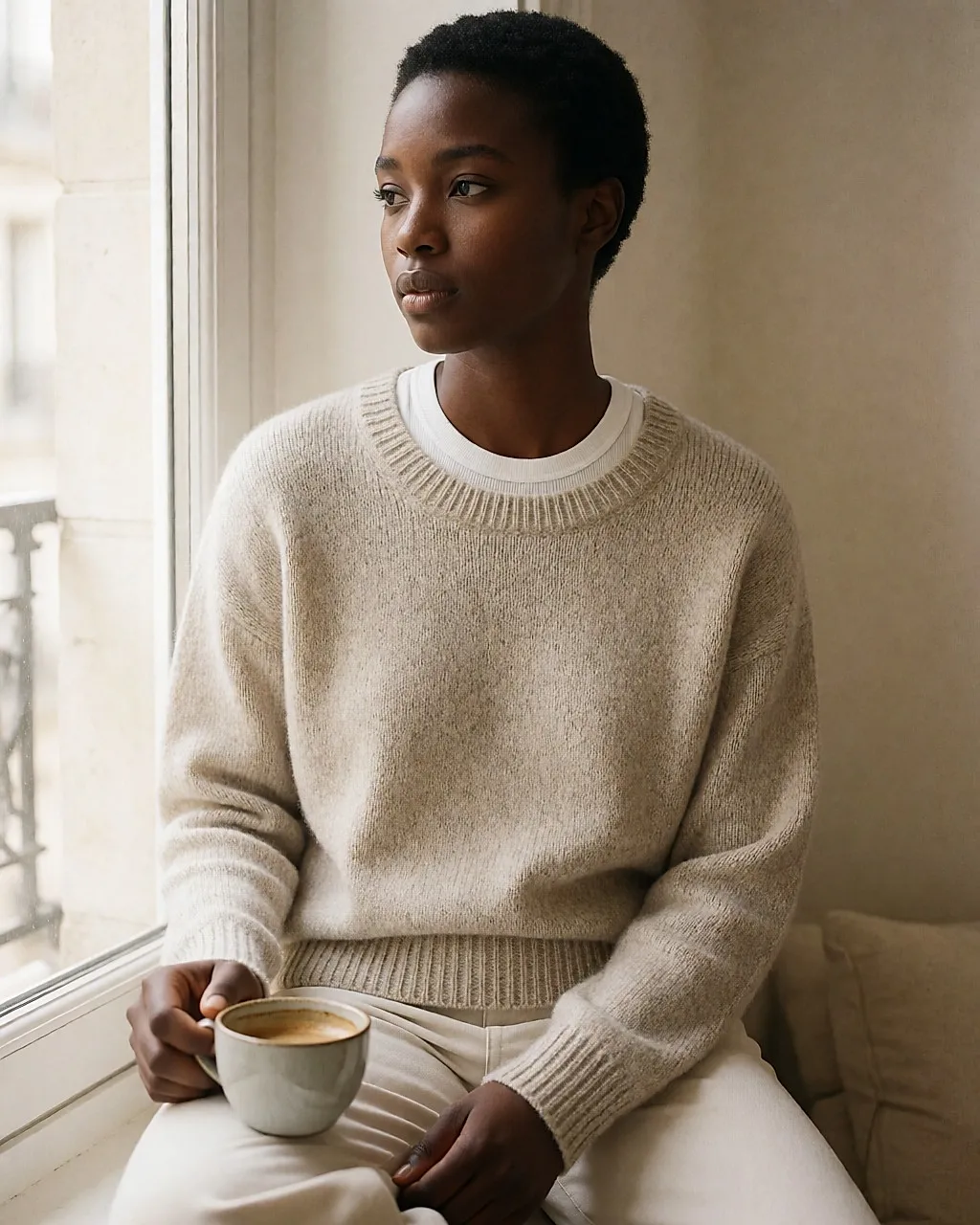 Mujer joven negra sentada junto a una ventana, con un jersey fino que deja ver el escote de una camiseta de tirantes blanca