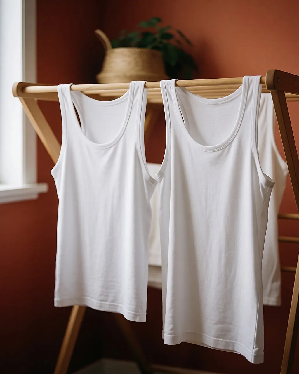 Camisetas de tirantes blancas secándose en un tendedero de madera en una lavandería luminosa