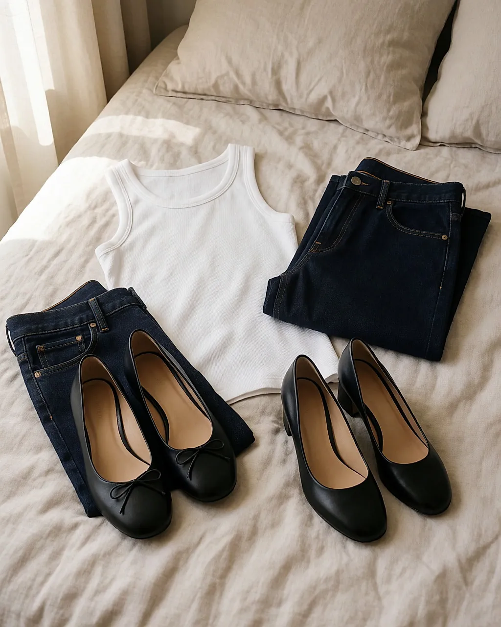 Cuatro básicos colocados sobre una cama de lino: camiseta de tirantes blanca, vaqueros índigo, bailarinas y salones negros