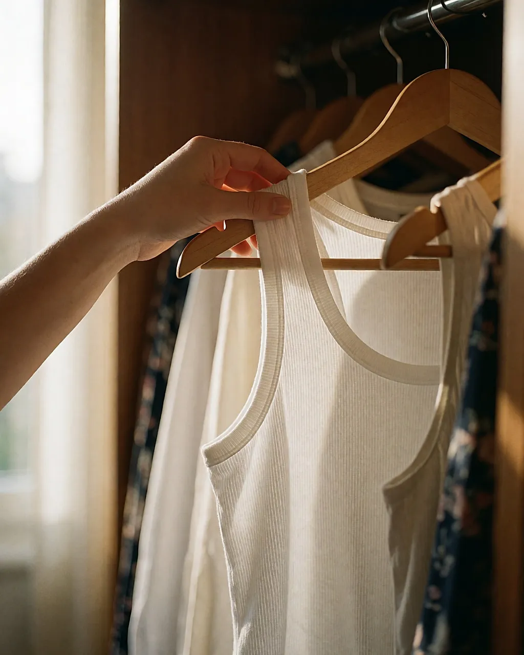 Mano cogiendo una camiseta de tirantes blanca de una percha de madera en un armario abierto