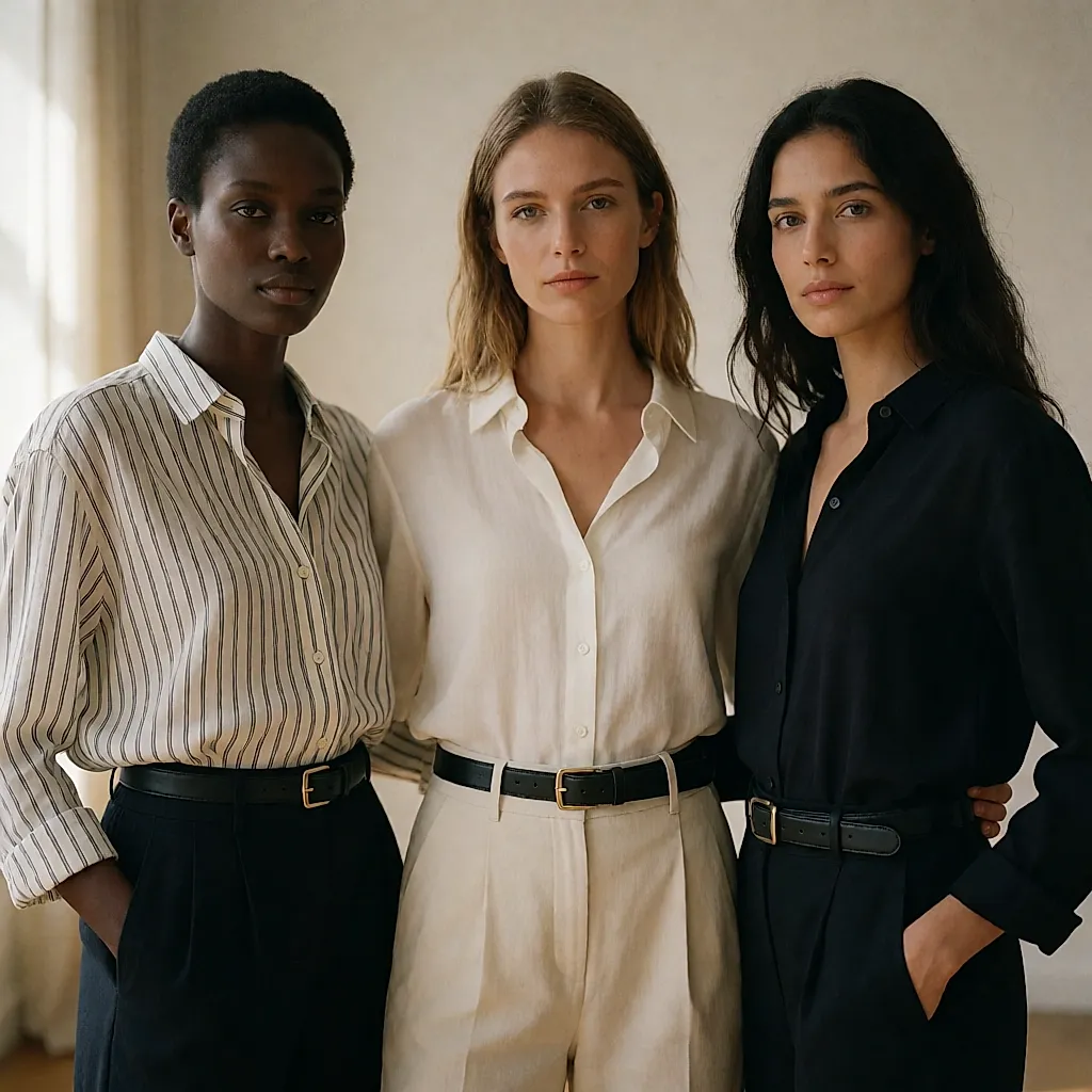 Três modelos negras lado a lado em estúdio, looks contrastantes