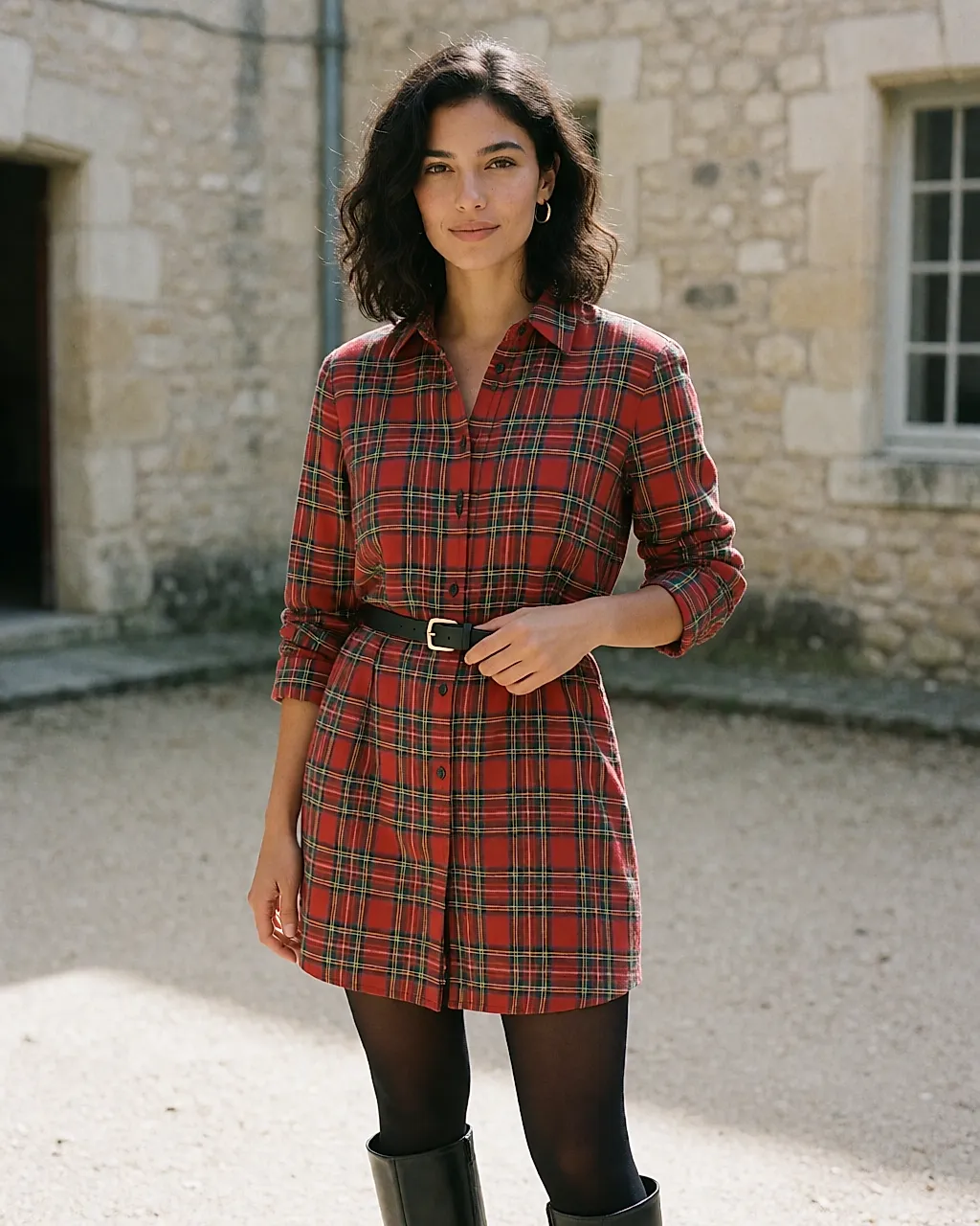 Belted red and green checked shirt dress with opaque tights and knee-high boots