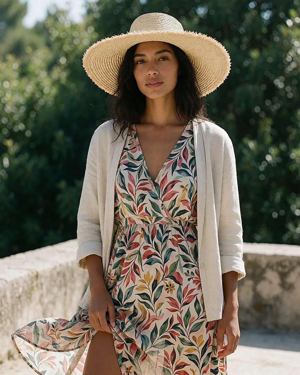 Wide-brimmed straw hat worn with a fluid dress and a linen jacket