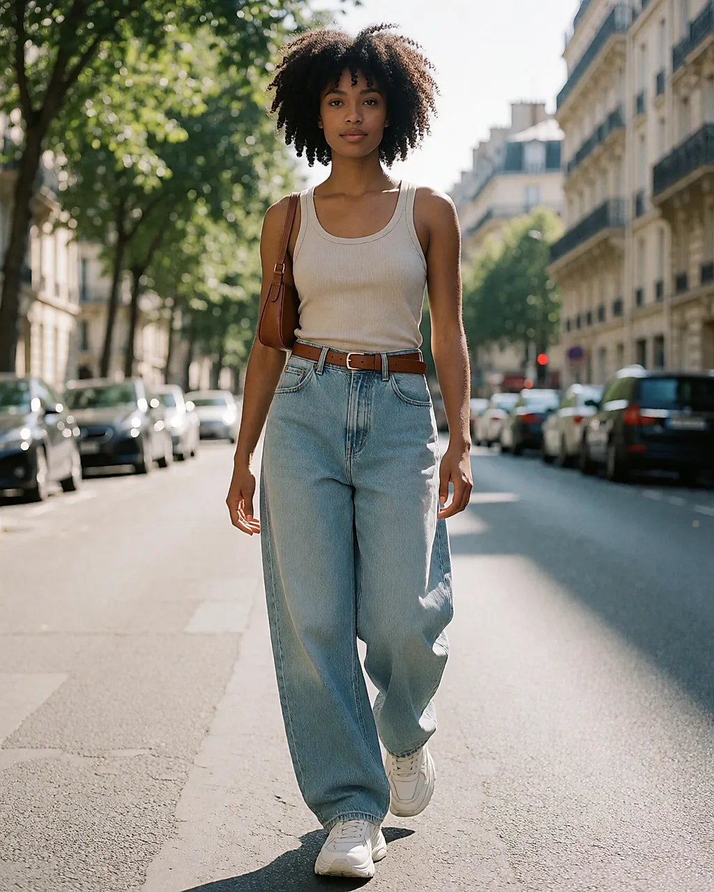 High-waisted belted baggy jeans worn with a fitted vest top and trainers