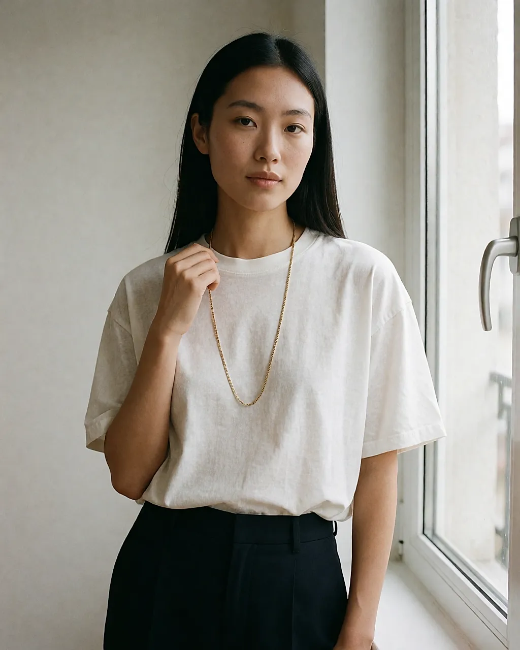White oversized T-shirt half-tucked into straight-leg trousers with a long fine chain