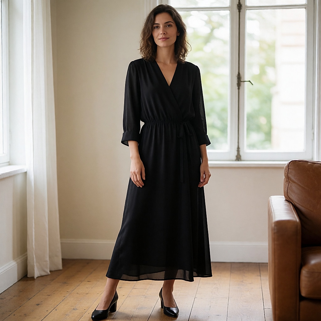 Black buckled biker ankle boots worn with a long fluid dress