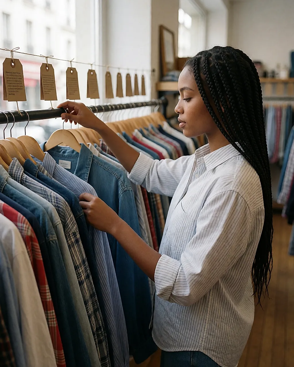 A rail of checked shirts and jeans in a charity shop, a hand resting on a hanger