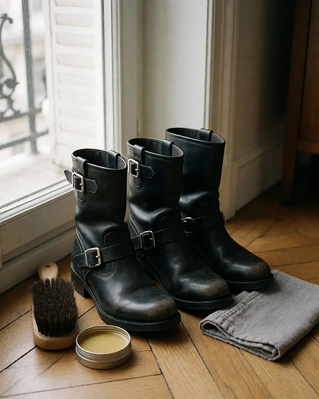 Leather biker boots with a brush and leather wax on a wooden floor