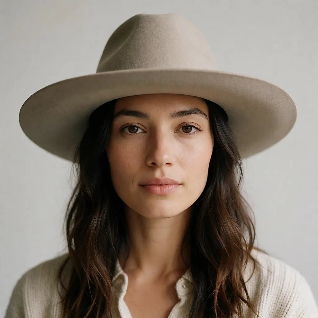 Product shot inspired by a wide-brimmed plain wool felt hat with metal detailing