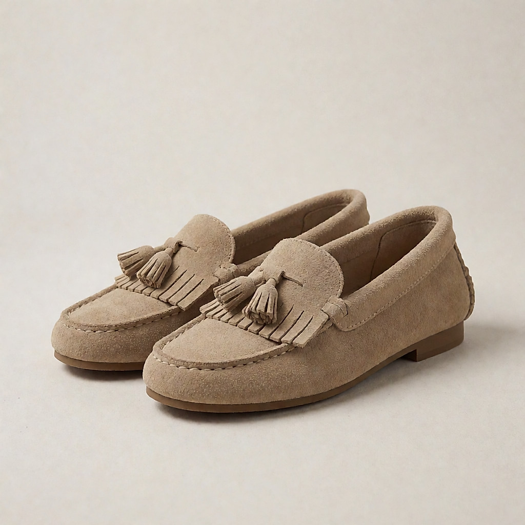 Product shot inspired by sand suede loafers with tassels and a fringed tab