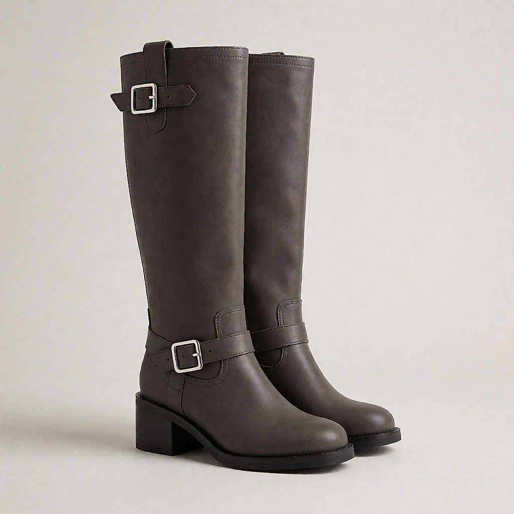 Product shot inspired by tall women's leather biker boots with a block heel and buckle detail