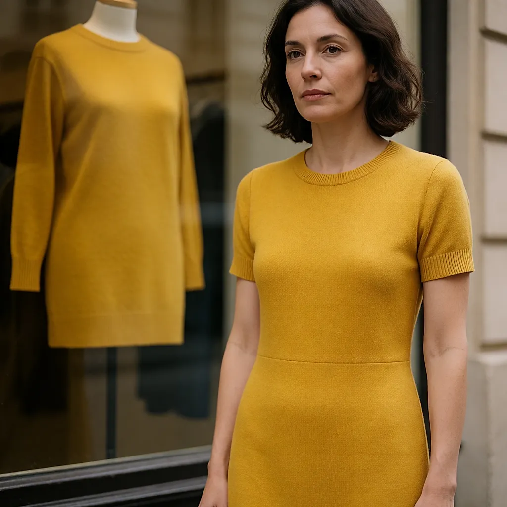 Une passante s'arrête devant un pull jaune moutarde exposé en vitrine
